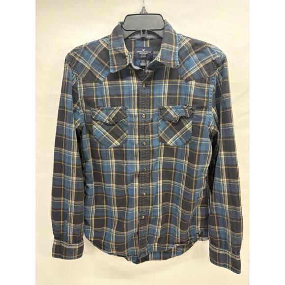 American Eagle Outfitters Other - American Eagle Men’s Blu Plaid Snap Button Long Sleeve Shirt With Pockets Size M